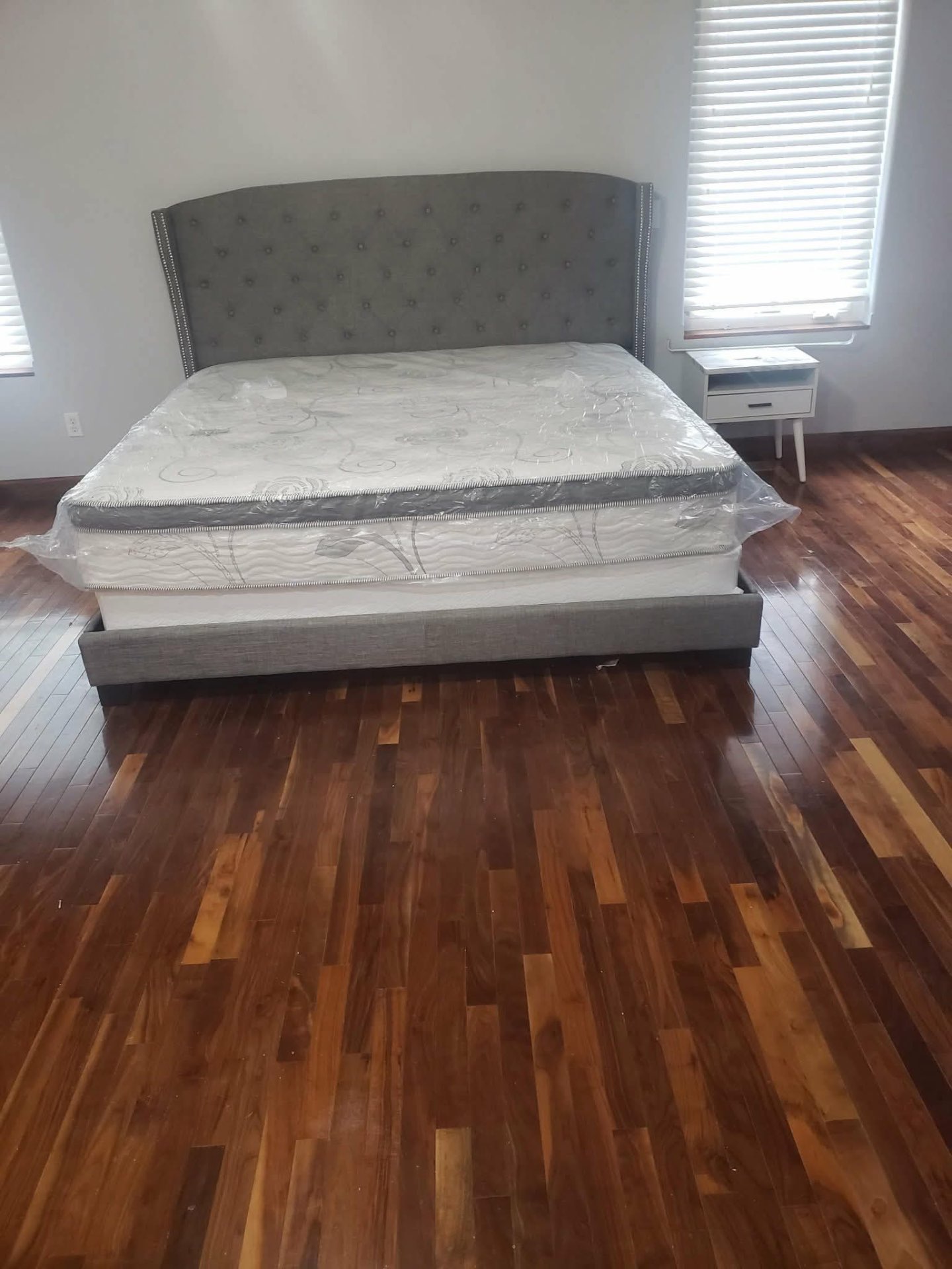 Assembled upholstered king bed frame and nightstand